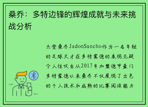 桑乔:多特边锋的辉煌成就与未来挑战分析 桑乔:多特边锋的辉煌成就与未来挑战分析