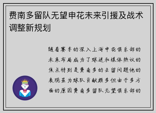 费南多留队无望申花未来引援及战术调整新规划